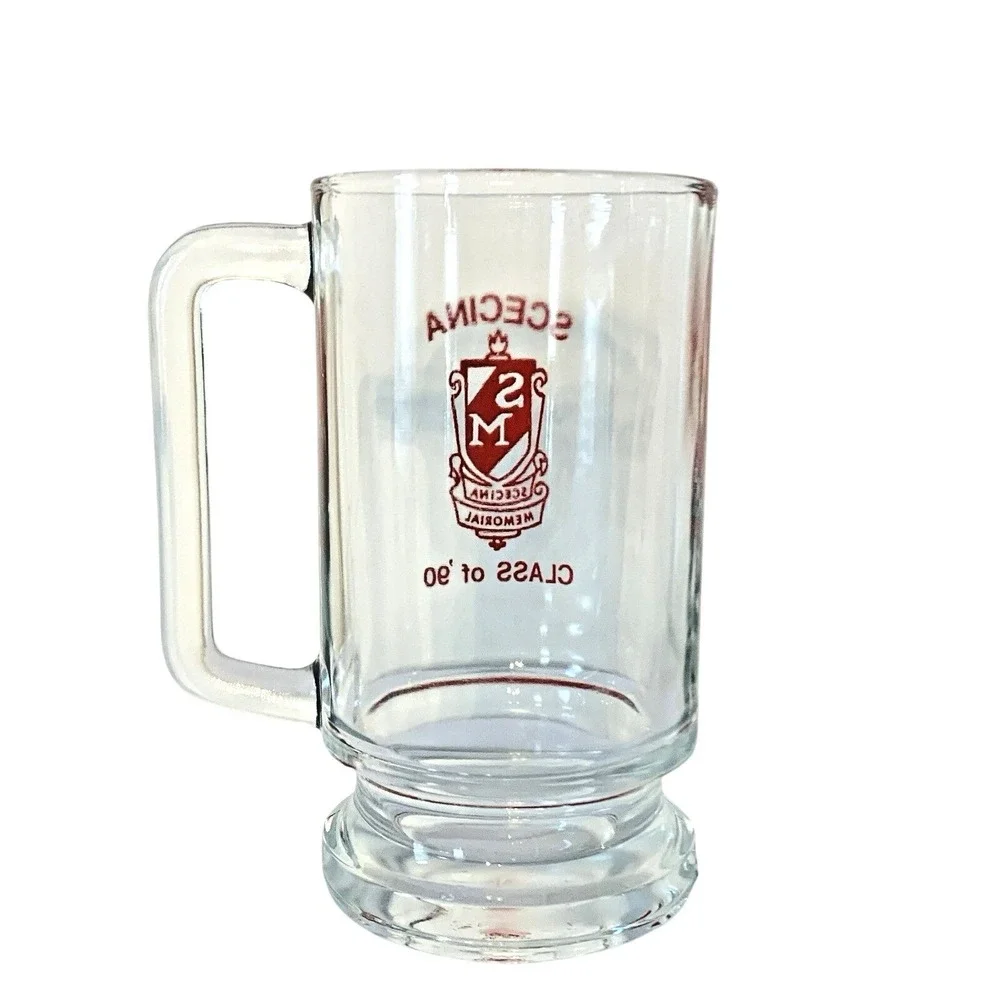 Scecina Memorial Beer Mug‎ Class of '90 Vintage Glass Stein Clear Red Graphic